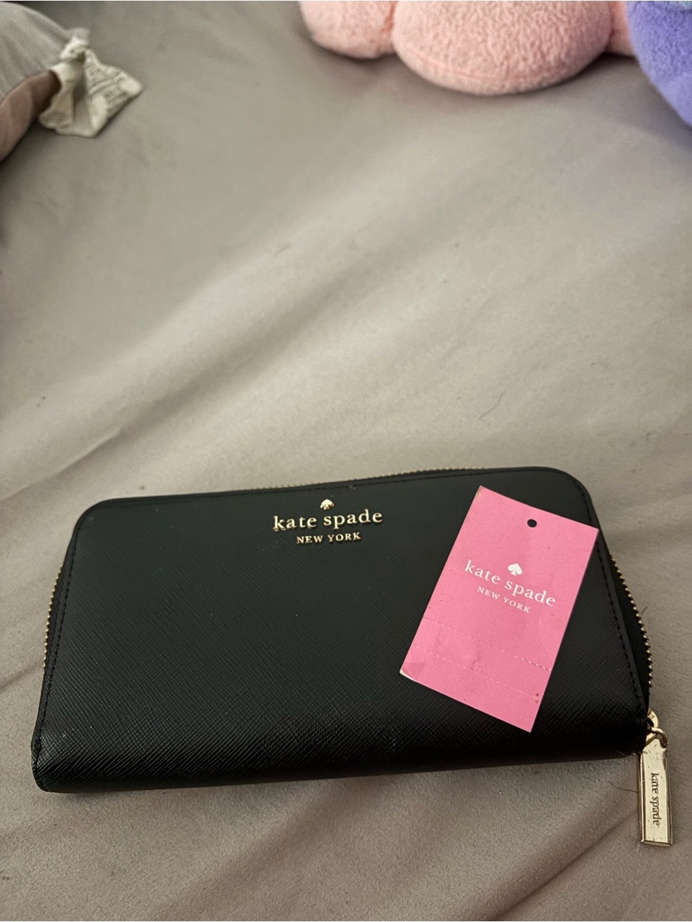 kate spade black zip-around card & key holder with gold logo